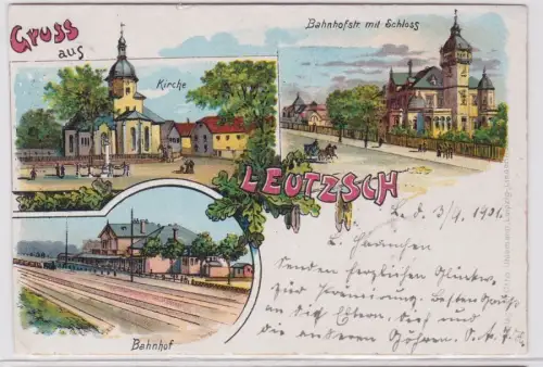 85967 Ak Lithographie Gruß aus Leutzsch Bahnhof, Kirche usw. 1901
