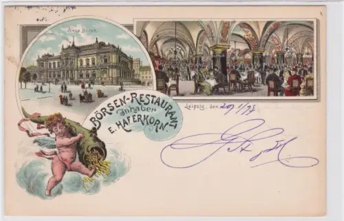 85514 Ak Lithographie Gruß aus Leipzig Börsen Restaurant 1897