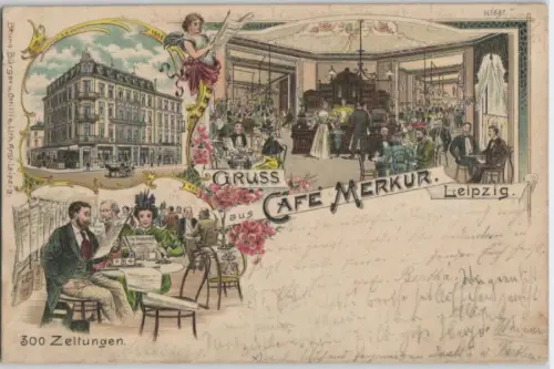 92398 Ak Lithographie Gruss aus Leipzig Café Merkur 1899