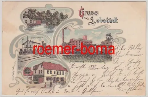 79266 Ak Lithografie Gruss aus Lobstädt Briketfabrik mit Förderturm usw. 1903