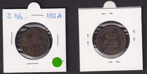 3 Pfennige Kupfer Münze Preussen 1866 A ss+ (171388)