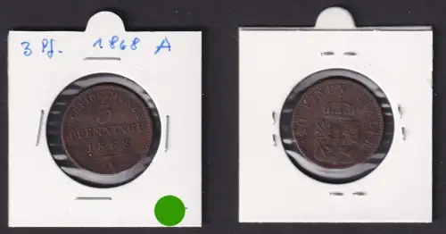 3 Pfennige Kupfer Münze Preussen 1868 A ss+ (170950)