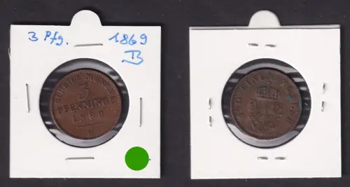 3 Pfennige Kupfer Münze Preussen 1869 B ss+ (170842)