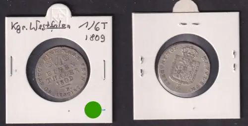 1/6 Taler Silber Münze Königreich Westfalen 1809 ss (170910)