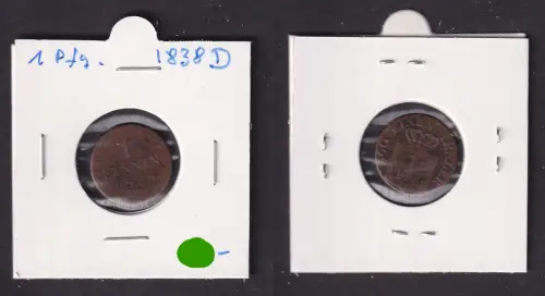 1 Pfennig Bronze Münze Preussen 1838 D s (171461)