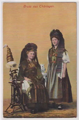 62917 Ak Gruß aus Thüringen 2 Frauen in Thüringer Tracht um 1910
