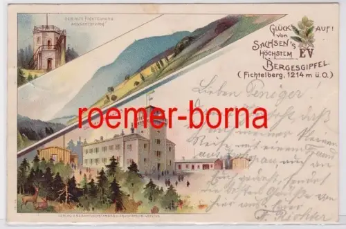 81753 Ak Lithografie Fichtelberg Glück Auf! v. Sachs. höchstem Bergesgipfel 1901
