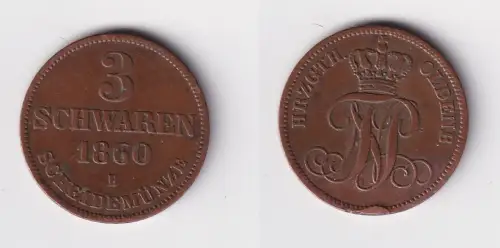 3 Schwaren Kupfer Münze Oldenburg 1860 B ss/vz (170793)