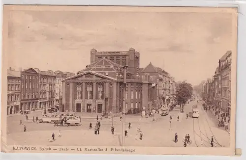 49024 Ak Katowice Kattowitz Rynek - Teatr - Ul. Marszalska J. Pilsudskiego 1936