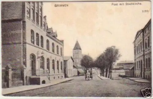 14643 Ak Grimmen Post mit Stadtkirche um 1910