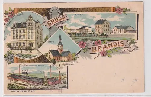 55647 Ak Lithographie Gruß aus Brandis Bahnhof, Restaurant zur Eisenbahn usw. 