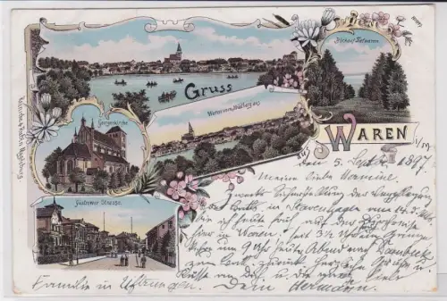 82144 Ak Lithographie Gruß aus Waren Güstrower Straße usw. 1897