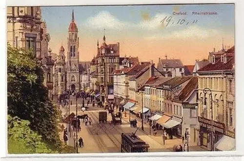 61925 Ak Crefeld Rheinstrasse mit Verkehr 1911
