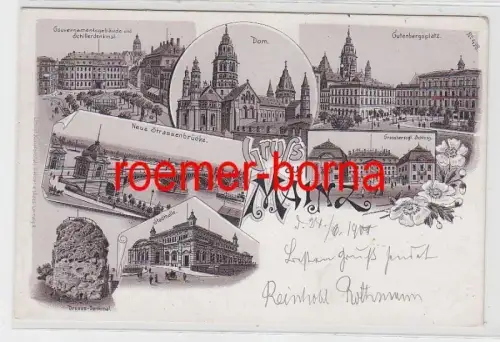 79332 Ak Lithographie Gruss aus Mainz Gutenbergsplatz, Dom usw. um 1900