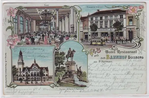 88691 Lithografie AK Gruss aus Hotel Restaurant zum Bahnhof Duisburg P. Horrmann