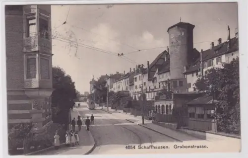 64164 AK Schaffhausen - Grabenstrasse, Straßenansicht mit Straßenbahn 1906