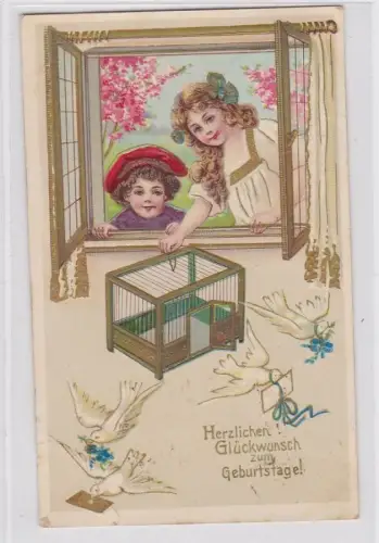 80986 Geburtstags Ak Kinder mit Vogelbauer und 4 Tauben 1910