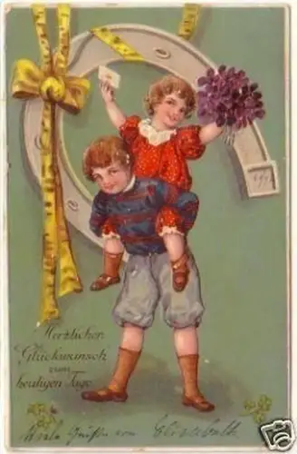 21209 Präge Ak 2 Kinder und großes Hufeisen 1910