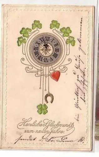 50756 Neujahrs Präge Ak Uhr mit Glücksymbolen 1904