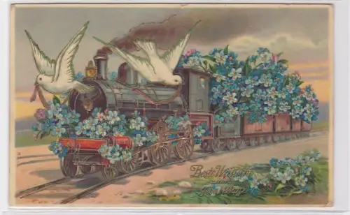 90559 Geburtstags Ak geschmückte Dampflokomotive mit Schwalben 1910