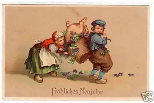 22088 Neujahrs Präge Ak Schwein im Korb 1911