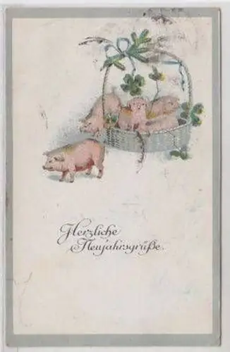 47704 Neujahrs Ak Glücksschweine im Körbchen 1921