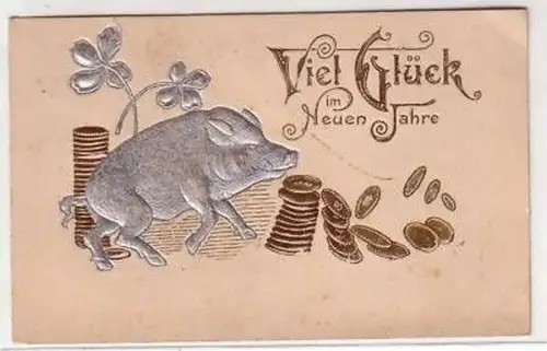 45427 Neujahrs Präge Ak Wildschwein mit Münzen um 1905