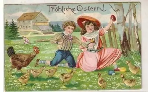 45733 Präge Oster Ak Kinder mit Küken und Huhn 1911