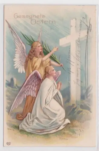 64763 Gesegnete Ostern Präge Ak 2 Engel beten vor Kreuz 1908