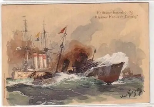 15038 Künstler Ak Hochsee Torpedoboote kleiner Kreuzer "Danzig" 1911