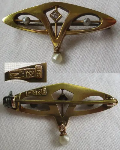 hochwertige Brosche aus 585er Gold mit Perlen und Diamant um 1930 (102384)