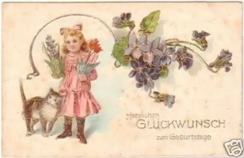 21487 Geburtstags Präge Ak Kind und Katze 1906