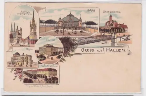 91814 AK Gruss aus Halle an der Saale, Bahnhof, Schloss, Marktplatz, Universität