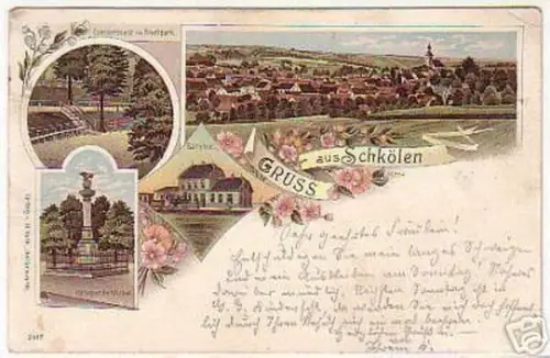07116 Ak Lithographie Gruß aus Schkölen Bahnhof 1898