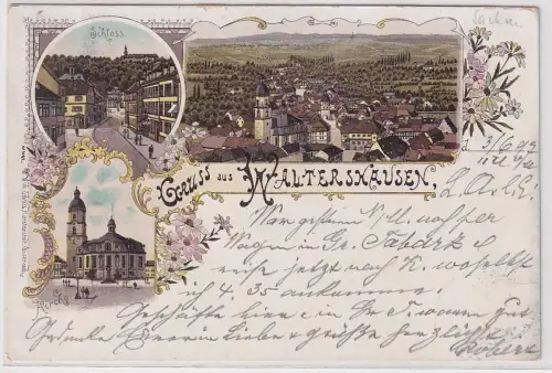 10666 Ak Lithographie Gruß aus Waltershausen Kirche, Schloß usw. 1897