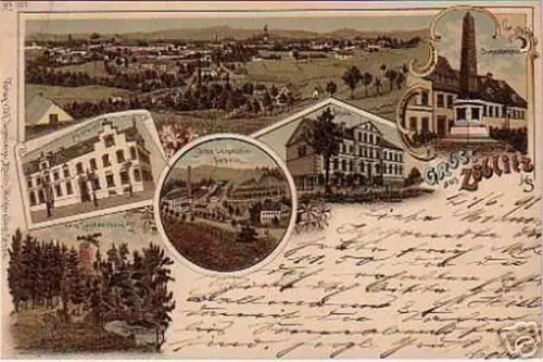 00458 Ak Lithographie Gruss aus Zöblitz Fabrik usw.1898