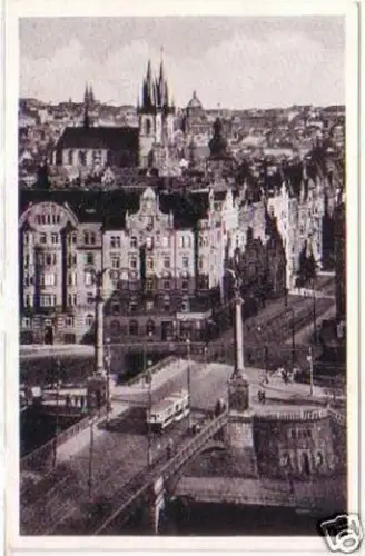 29907 Ak Prag Totalansicht mit Brücke & Straßenbahn1943
