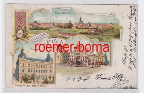 81356 Ak Lithografie Gruss aus Pilsen Ringplatz, Sparcassa, Gesamtansicht 1899