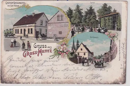 83346 Ak Lithographie Gruß aus Gross-Miltitz Gasthof, Garten, Dorfstraße 1901