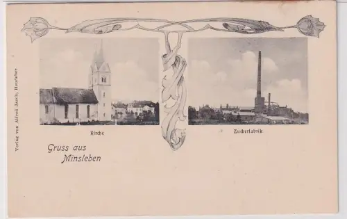 82782 Mehrbild Ak Gruß aus Minsleben bei Wernigerode Kirche und Zuckerfabrik 