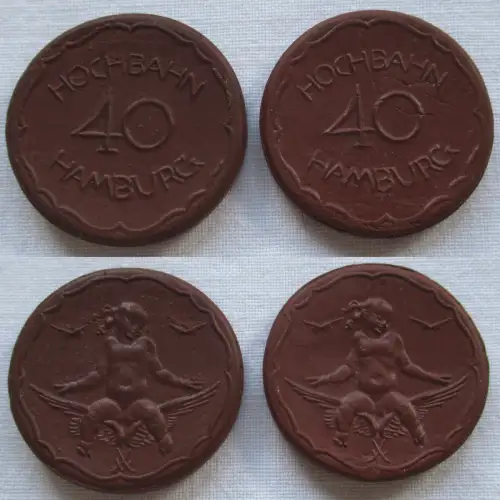 2 x 40 Pfennig Porzellan Münze Hochbahn Hamburg o.J. um 1922 (102161)