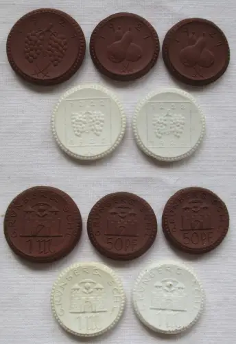5x Porzellan Notgeld Münzen 50 Pfennig - 1 Mark Grünberg in Schlesien (108040)