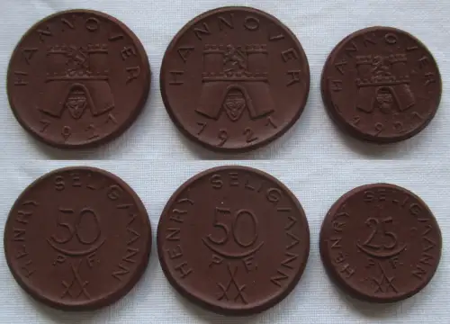 25 & 2 x 50 Pfennig Porzellan Münzen Henry Seligmann Hannover 1921 (105498)