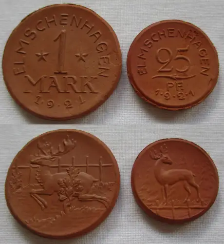 25 Pfennig & 1 Mark Porzellan Notgeld Elmschenhagen 1921 (101419)