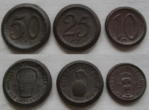 10, 25 und 50 Pfennig  Porzellan Notgeld Stadt Bunzlau Bolesławiec 1921 (101450)