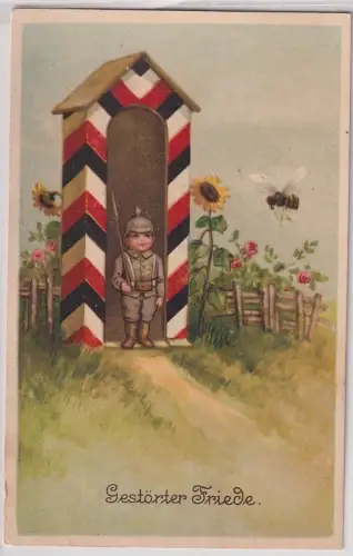20999 Feldpost AK "Gestörter Friede" Kind als Soldat am Wachhäuschen 1917