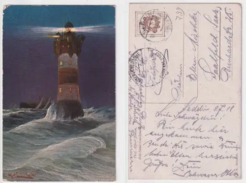 14523Künstler AK Marineschiffspost Rote-Sand-Leuchtturm 1918