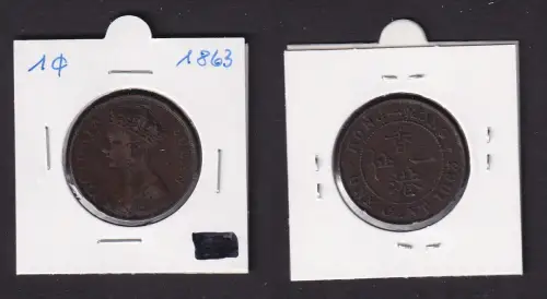 1 Cent Kupfer Münze Hongkong Victoria 1863 f.ss (169925)