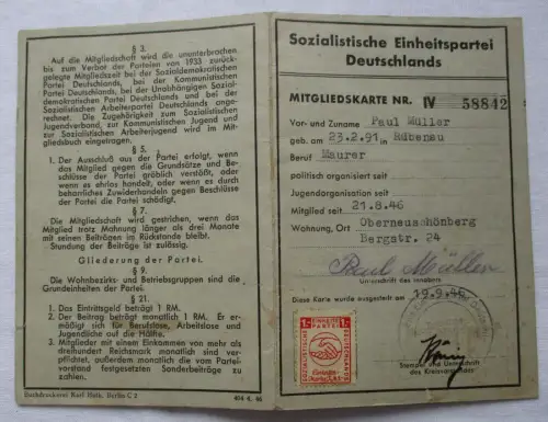 Mitgliedskarte Nr. IV SED Kreis Freiberg mit Beitragsmarken von 1946 (133217)