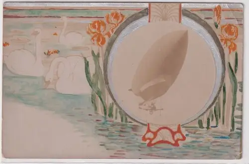 89970 Künstler Ak Jugendstil Foto Zeppelin mit Rahmen aus Schwänen und Lilien
